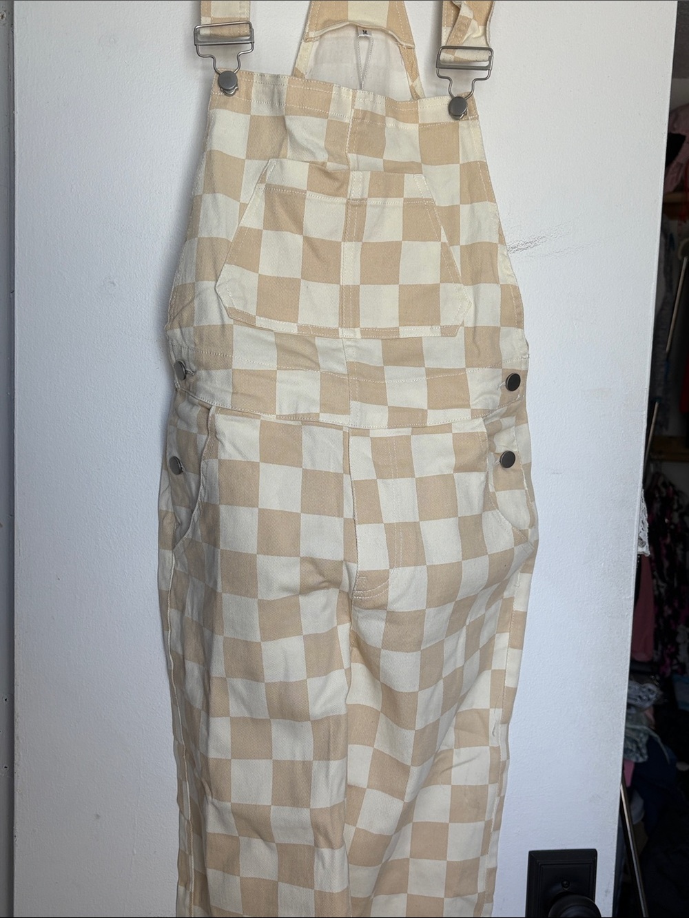 Beige Checkered Women's Denim Overalls